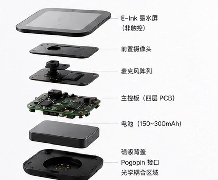 AI Core 核心模块爆炸图:墨水屏、摄像头、麦克风阵列、主控板、电池、磁吸背盖